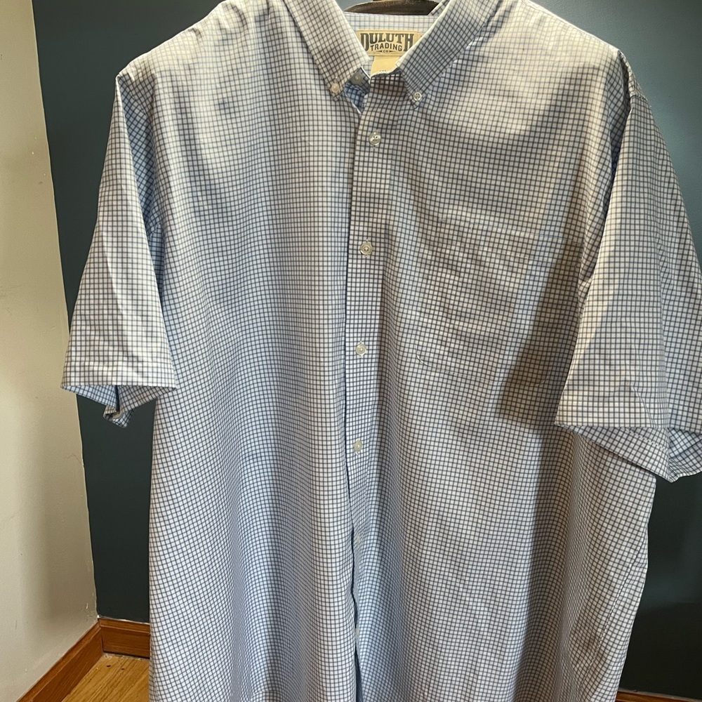 Duluth Trading Co Men's Light Blue Gingham Shirt 4XL short sleeve, trim fit